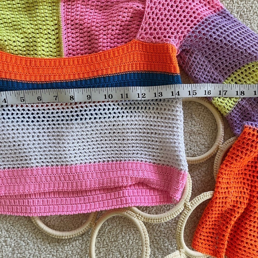 Multicolor Crochet Knit Colorblock Crop Top Square Neck Long Sleeve Small - Picture 5 of 9